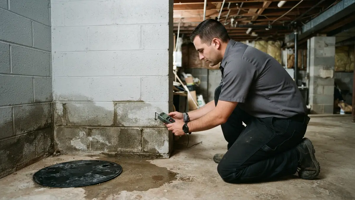 Technician holding a moisture meter to a damp concrete block basement wall beside a sump pit - Leak Detection in Browntown