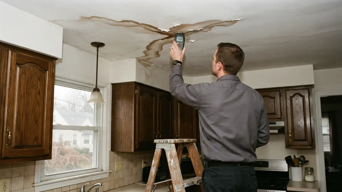 Technician reaching a moisture meter up to a brown water stain on a kitchen ceiling - Leak Detection in Browntown