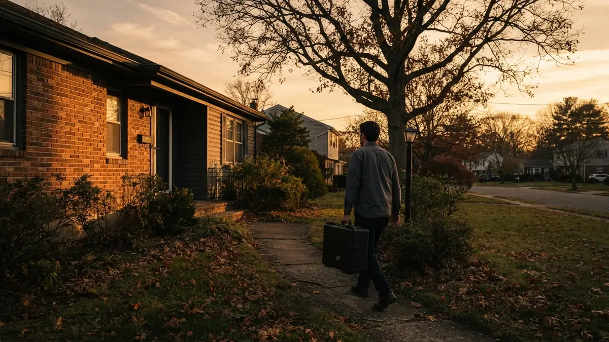 Technician carrying an equipment case up the front walk of a brick ranch house at golden hour