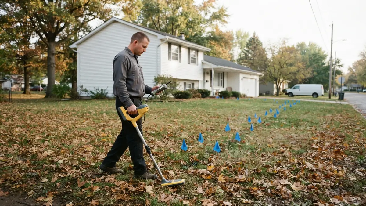Technician sweeping a pipe locator across a leafy front lawn with blue flags marking a buried water line - Leak Detection in Browntown