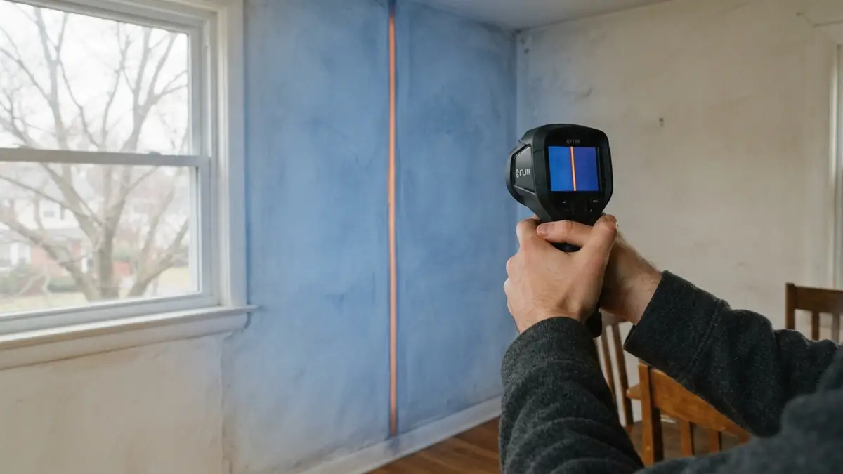 Thermal imaging camera showing a warm vertical line in the wall of an older New Jersey dining room - Leak Detection in Old Bridge