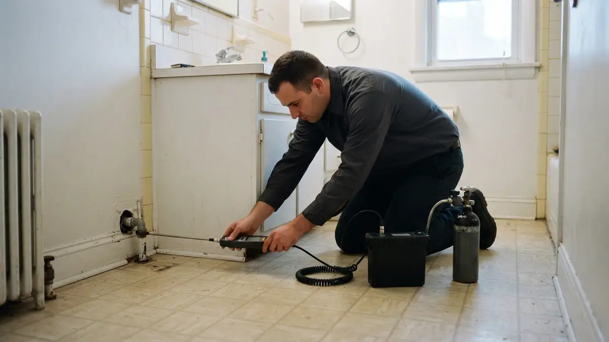 Technician kneeling on a bathroom floor holding a tracer-gas sniffer probe to the baseboard
